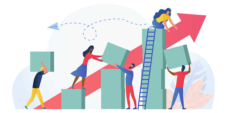 Vector image of men and women working as a team building s atructure with green blocks