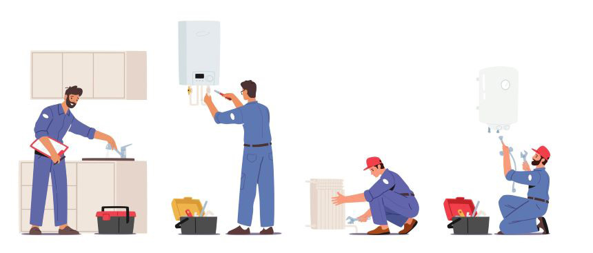 Worker fixing a variety everyday items such as a boiler and a sink