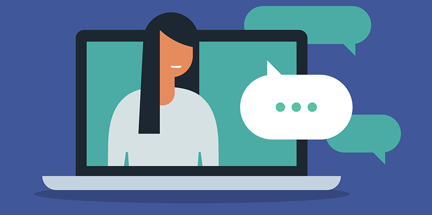 Person with long hair on laptop screen with speech bubbles