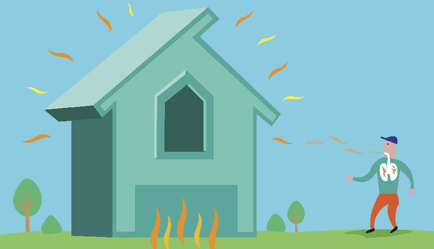 Vector image of man approaching house and showing fumes having affect on his lungs