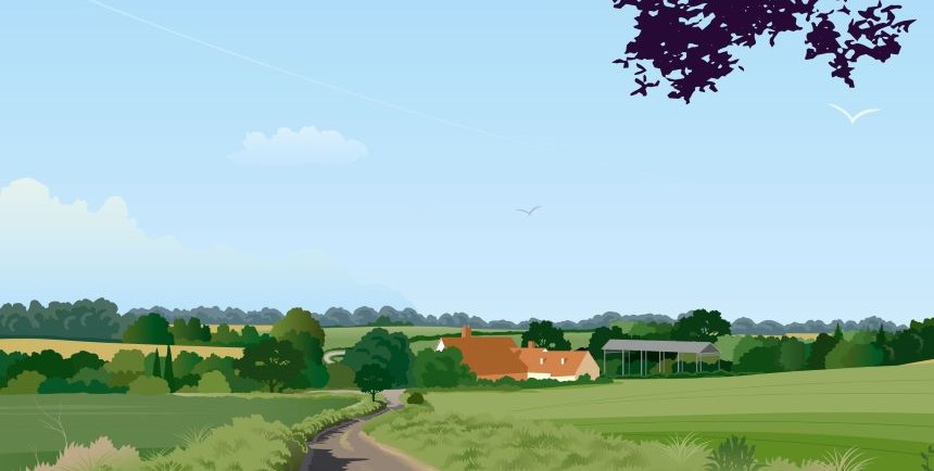 A handful of buildings surrounded by green countryside 