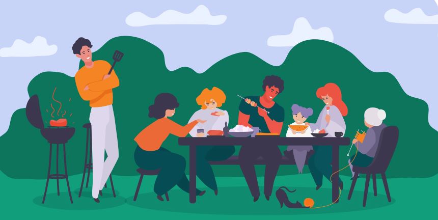 Vector image of family having BBQ